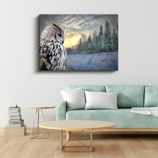 Kar Baykuşu - Kış Manzarasında Bilge Bakış Kanvas Tablo