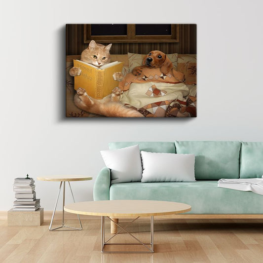 Kitap Okuyan Dostlar - Kedi ve Köpek Dostluğu Kanvas Tablo