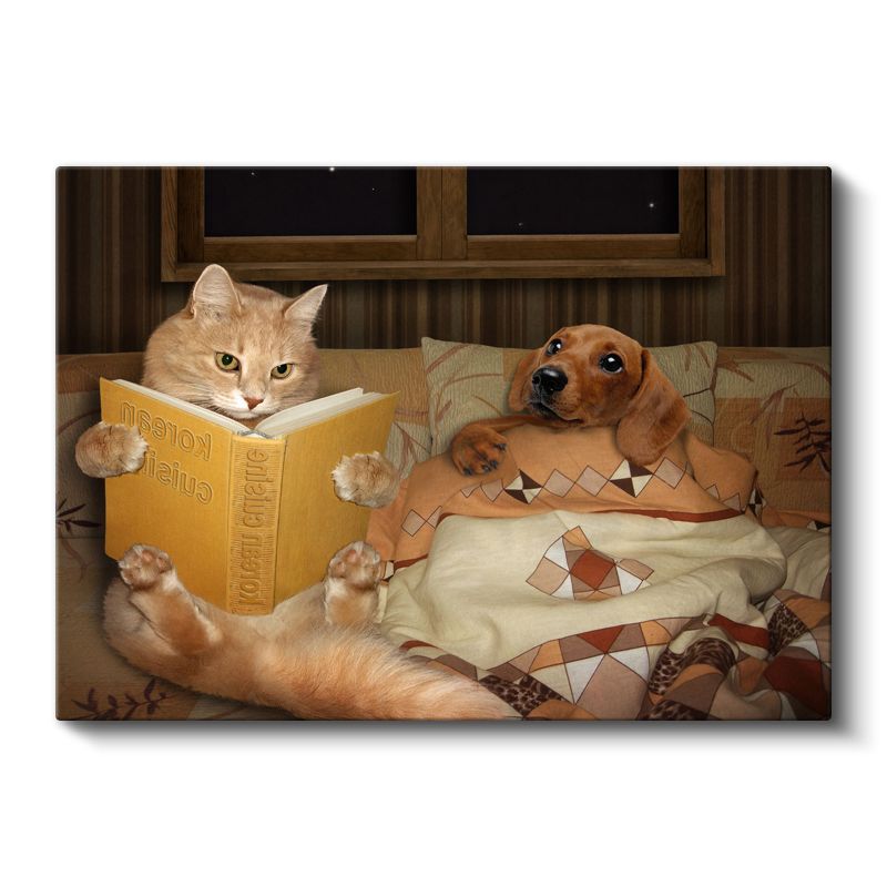 Kitap Okuyan Dostlar - Kedi ve Köpek Dostluğu Kanvas Tablo