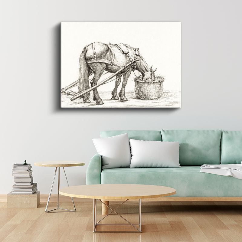 Çiftlik Atı - Yemlenme Anında Karakalem Kanvas Tablo