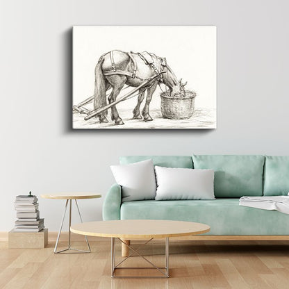 Çiftlik Atı - Yemlenme Anında Karakalem Kanvas Tablo