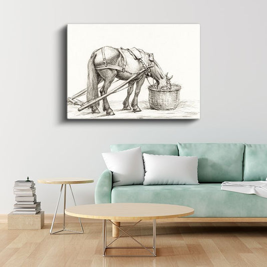 Çiftlik Atı - Yemlenme Anında Karakalem Kanvas Tablo