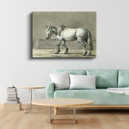 Beyaz Çiftlik Atı - Klasik Karakalem Portre Kanvas Tablo