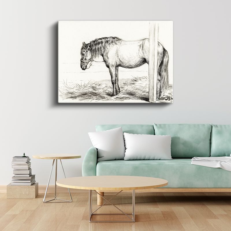 Bağlı At - Direğe Yaslanmış Çiftlik Hayvanı Kanvas Tablo
