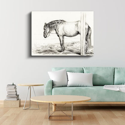 Bağlı At - Direğe Yaslanmış Çiftlik Hayvanı Kanvas Tablo