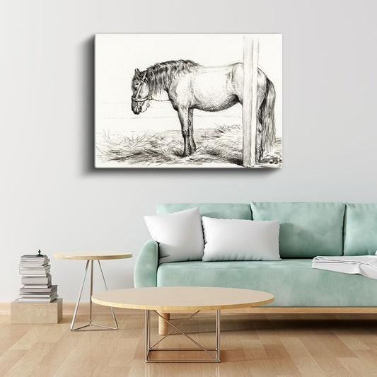 Bağlı At - Direğe Yaslanmış Çiftlik Hayvanı Kanvas Tablo