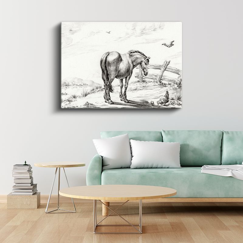 Kır Atı - Tavuklar Eşliğinde Sakin Duruş Kanvas Tablo