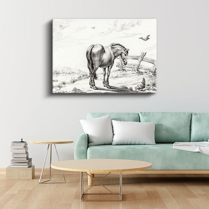 Kır Atı - Tavuklar Eşliğinde Sakin Duruş Kanvas Tablo