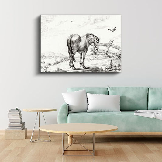 Kır Atı - Tavuklar Eşliğinde Sakin Duruş Kanvas Tablo