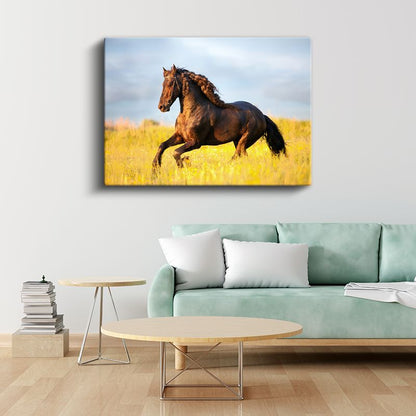 Kahverengi Aygır - Sarı Çayırda Özgür Koşu Kanvas Tablo