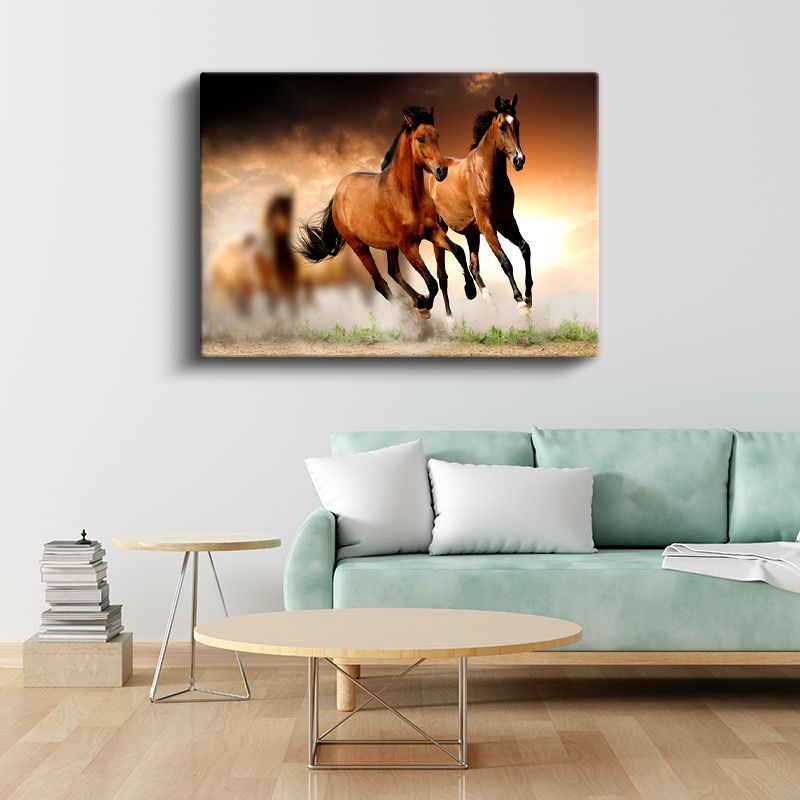 Koşan Atlar - Gün Batımında İkili Özgürlük Kanvas Tablo