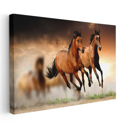 Koşan Atlar - Gün Batımında İkili Özgürlük Kanvas Tablo