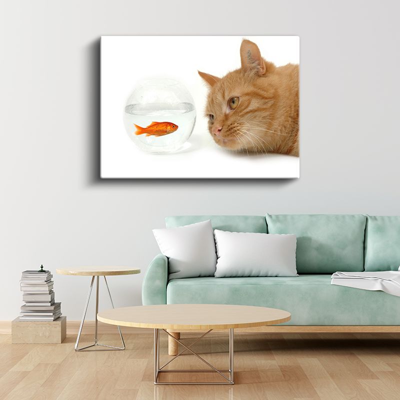 Meraklı Kedi - Akvaryum Balığını İzleyen Turuncu Dost Kanvas Tablo