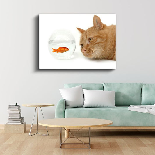 Meraklı Kedi - Akvaryum Balığını İzleyen Turuncu Dost Kanvas Tablo