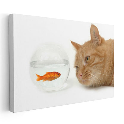 Meraklı Kedi - Akvaryum Balığını İzleyen Turuncu Dost Kanvas Tablo