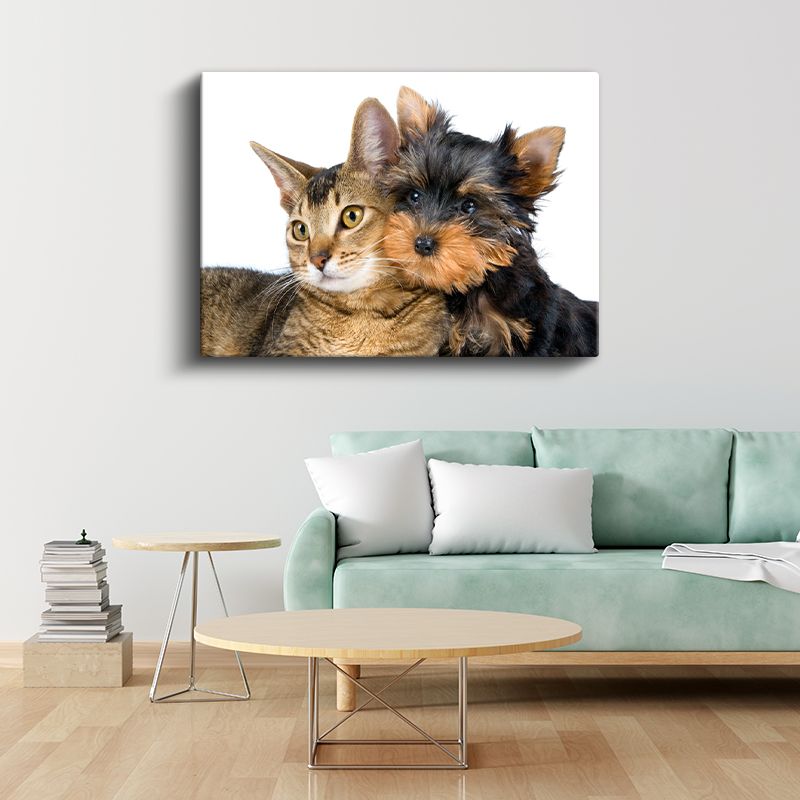 Sıcak Dostluk - Kedi ve Köpek Yavrusu Yan Yana Kanvas Tablo