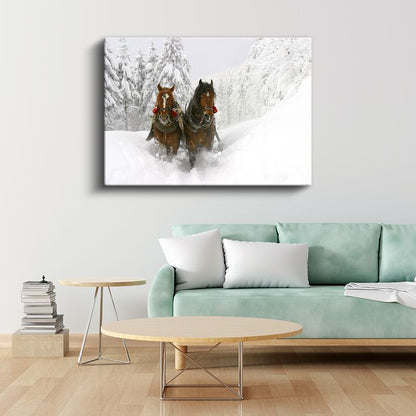 Kış Atları - Karlı Ormanda Koşan İkili Kanvas Tablo
