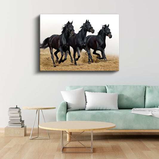 Siyah Atlar - Özgürce Koşan Üçlü Kanvas Tablo