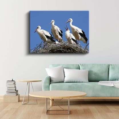Leylek Ailesi - Yuvada Toplanan Beyaz Kanatlar Kanvas Tablo