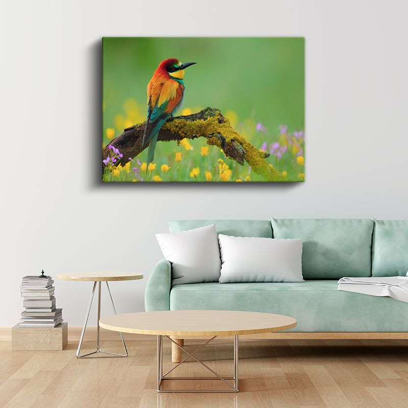 Arı Yiyen Kuşu - Çiçekli Dalda Renkli Tüyler Kanvas Tablo