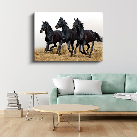 Siyah Atlar - Kumda Koşan Özgür Üçlü Kanvas Tablo