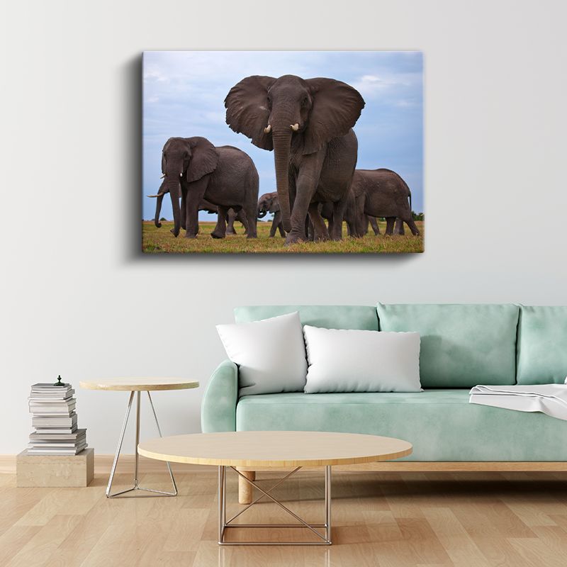 Fil Ailesi - Savanada Yürüyen Sürü Kanvas Tablo