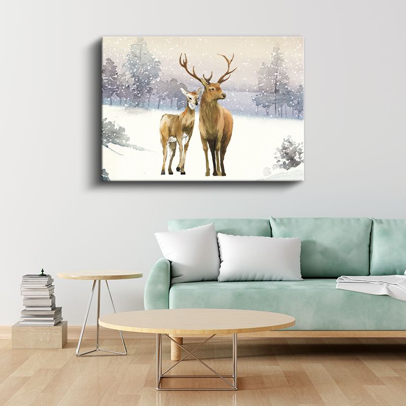 Geyik Çifti - Karlı Manzarada Sevgi Dolu Bakışlar Kanvas Tablo