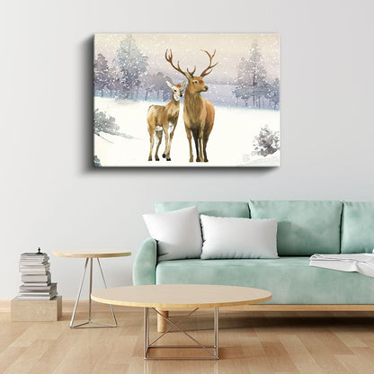Geyik Çifti - Karlı Manzarada Sevgi Dolu Bakışlar Kanvas Tablo