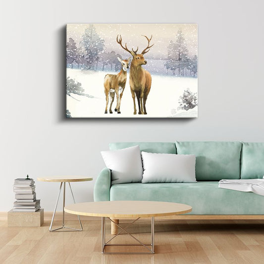 Geyik Çifti - Karlı Manzarada Sevgi Dolu Bakışlar Kanvas Tablo