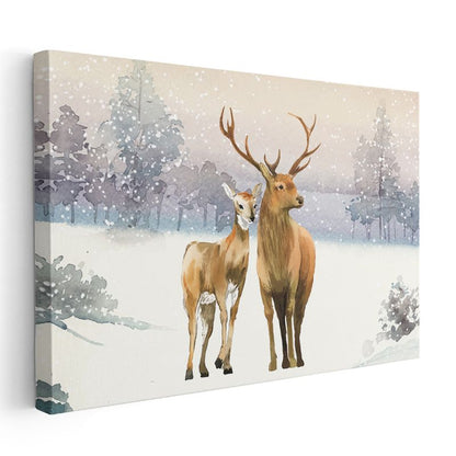 Geyik Çifti - Karlı Manzarada Sevgi Dolu Bakışlar Kanvas Tablo