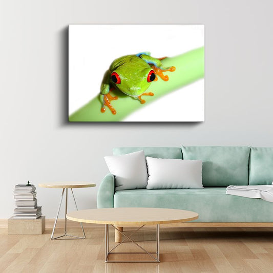 Ağaç Kurbağası - Yeşil Dalda Turuncu Ayaklı Dost Kanvas Tablo