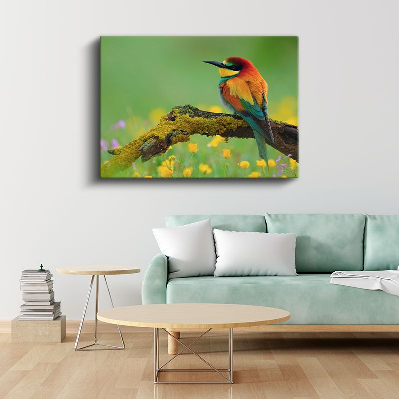 Arı Yiyen Kuşu - Çiçekli Dalda Renkli Tüyler Kanva Tablo