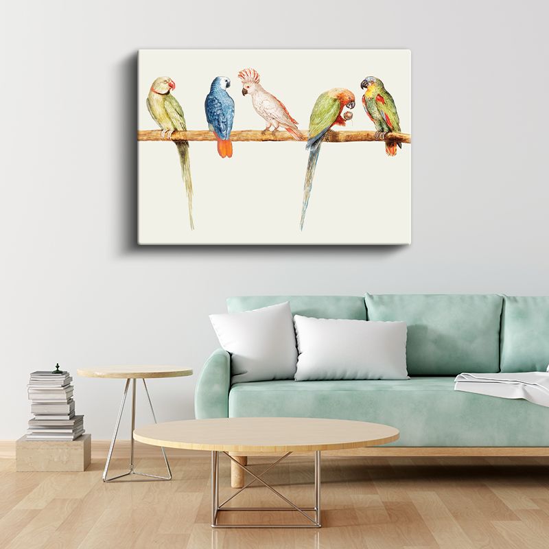 Papağan Ailesi - Dal Üzerinde Renkli Beşli Kanvas Tablo