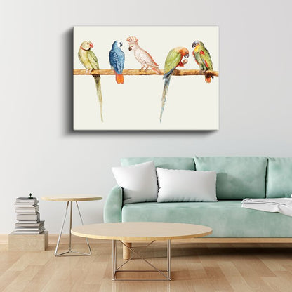 Papağan Ailesi - Dal Üzerinde Renkli Beşli Kanvas Tablo