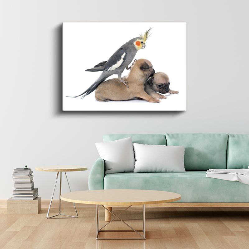 Dostluk Zamanı - Sultan Papağanı ve Yavru Köpekler Kanvas Tablo