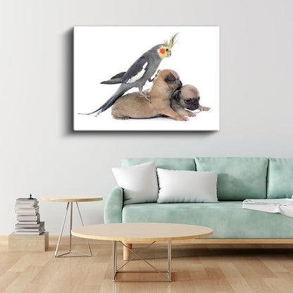 Dostluk Zamanı - Sultan Papağanı ve Yavru Köpekler Kanvas Tablo