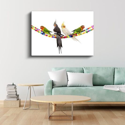 Renkli Tünekçiler - Boncuklu İpte Papağan Dostlar Kanvas Tablo