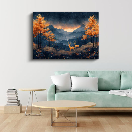 Sonbahar Geyikleri - Turuncu Yapraklar Arasında İkili Kanvas Tablo