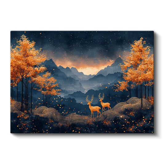Sonbahar Geyikleri - Turuncu Yapraklar Arasında İkili Kanvas Tablo