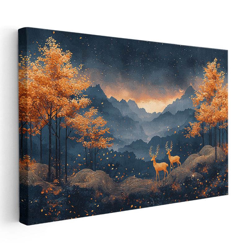 Sonbahar Geyikleri - Turuncu Yapraklar Arasında İkili Kanvas Tablo