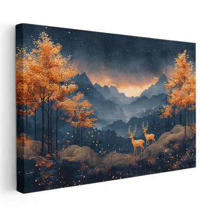 Sonbahar Geyikleri - Turuncu Yapraklar Arasında İkili Kanvas Tablo