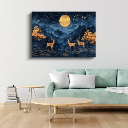 Ay Işığı Geyikleri - Gece Semasında Üçlü Silüet Kanvas Tablo