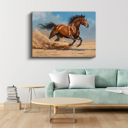 Kumsal Koşusu - Kahverengi Atın Hızlı Adımları Kanvas Tablo