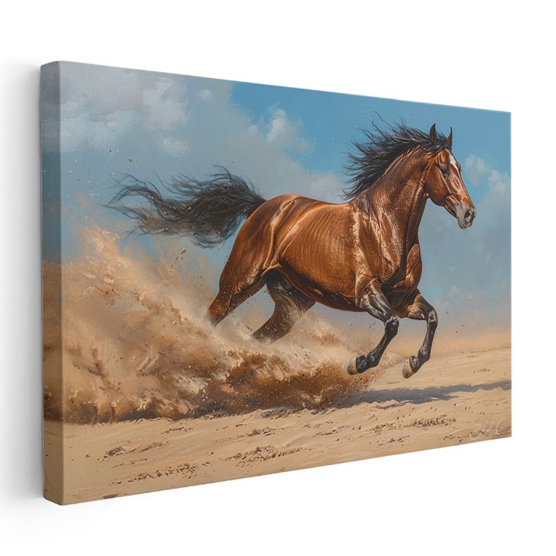 Kumsal Koşusu - Kahverengi Atın Hızlı Adımları Kanvas Tablo