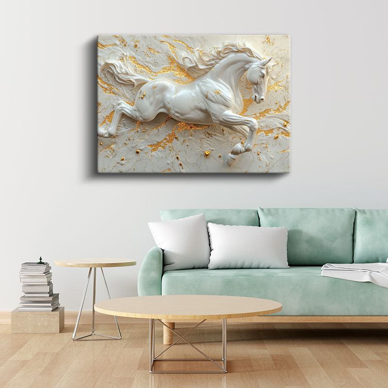 Beyaz At - Kabartma Görünümlü Altın Detaylı Asalet Kanvas Tablo