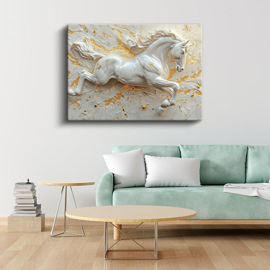 Beyaz At - Kabartma Görünümlü Altın Detaylı Asalet Kanvas Tablo