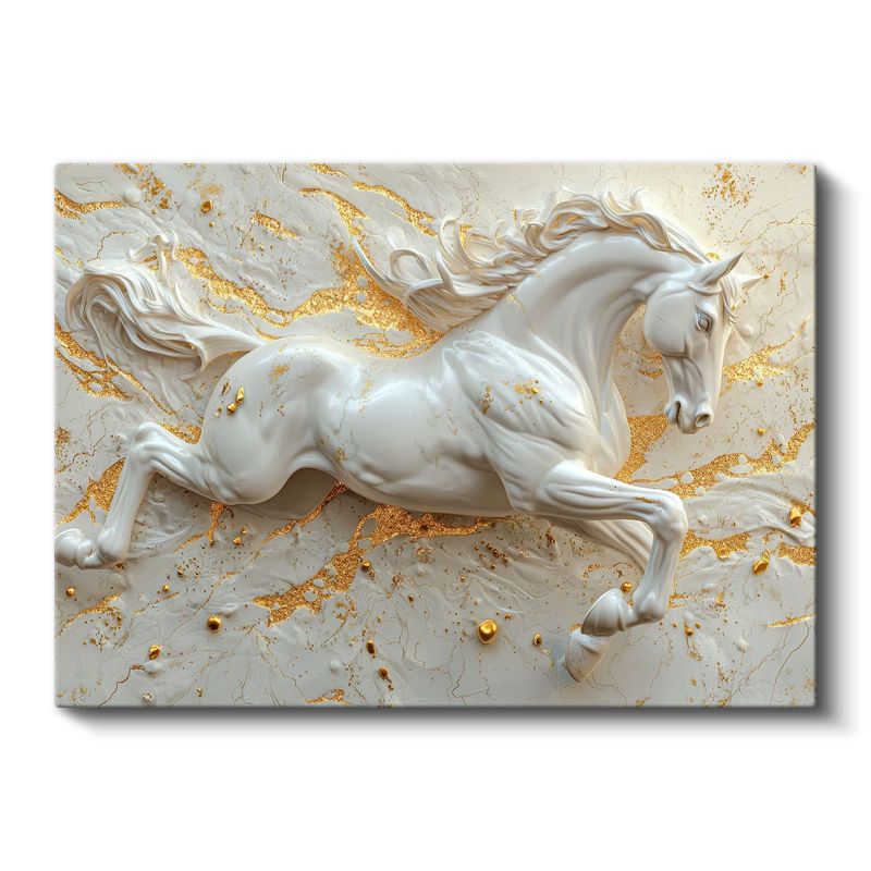 Beyaz At - Kabartma Görünümlü Altın Detaylı Asalet Kanvas Tablo