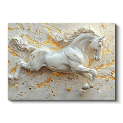 Beyaz At - Kabartma Görünümlü Altın Detaylı Asalet Kanvas Tablo