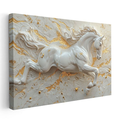 Beyaz At - Kabartma Görünümlü Altın Detaylı Asalet Kanvas Tablo