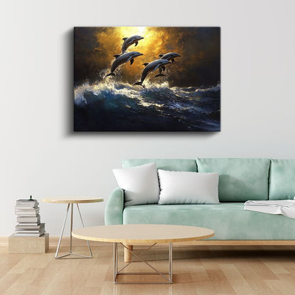 Altın Yunuslar - Dalgalarda Sıçrayan Dörtlü Kanvas Tablo